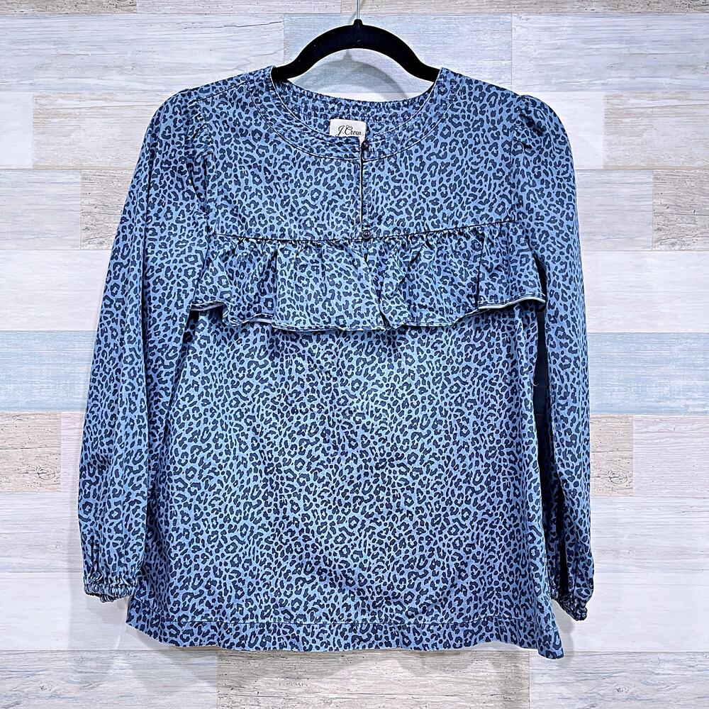 J CREW Cheetah Print Ruffle Top Blue Long Sleeves Woven Cotton Casual Womens XXS - Picture 2 of 6